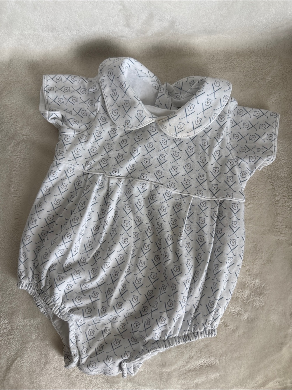 Classic Prep One-Piece Collard Bodysuit in White with Navy Golf Print